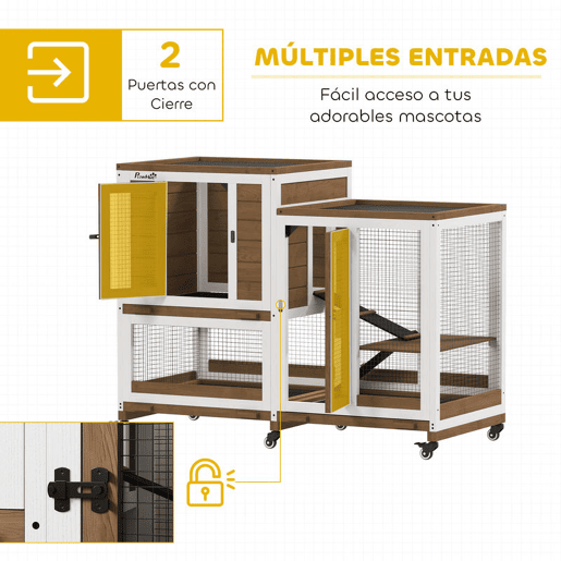 PawHut Casa para Coelhos de Madeira de 2 Níveis com 6 Rodas 2 Rampas 3 Tabuleiros Removíveis Portas com Fechaduras e Zona Aberta Casa Interior 110x50x86 cm Castanho