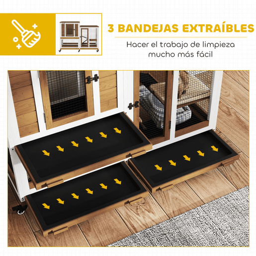 PawHut Casa para Coelhos de Madeira de 2 Níveis com 6 Rodas 2 Rampas 3 Tabuleiros Removíveis Portas com Fechaduras e Zona Aberta Casa Interior 110x50x86 cm Castanho