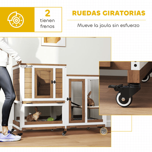 PawHut Casa para Coelhos de Madeira de 2 Níveis com 6 Rodas 2 Rampas 3 Tabuleiros Removíveis Portas com Fechaduras e Zona Aberta Casa Interior 110x50x86 cm Castanho
