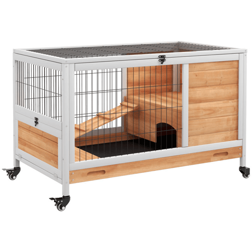 PawHut Coelheira de Madeira Gaiola de para Pequenos Animais Portátil com Teto Abatível Rampa Bandeja Removível para Coelhos da Índia 90x53x59 cm Madeira