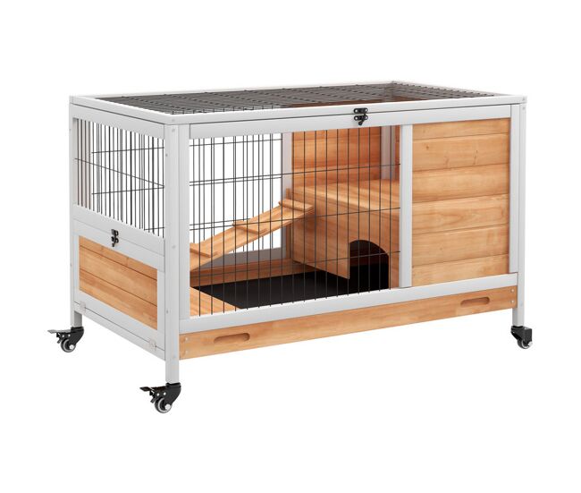 Pawhut jaula para conejos de madera conejera para mascotas pequeñas portátil interior con techo abrible rampa bandeja extraíble para conejillos de