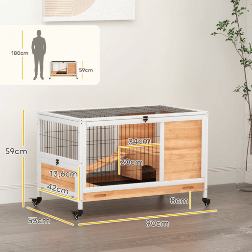 PawHut Coelheira de Madeira Gaiola de para Pequenos Animais Portátil com Teto Abatível Rampa Bandeja Removível para Coelhos da Índia 90x53x59 cm Madeira