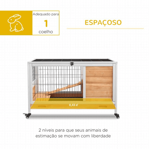 PawHut Coelheira de Madeira Gaiola de para Pequenos Animais Portátil com Teto Abatível Rampa Bandeja Removível para Coelhos da Índia 90x53x59 cm Madeira