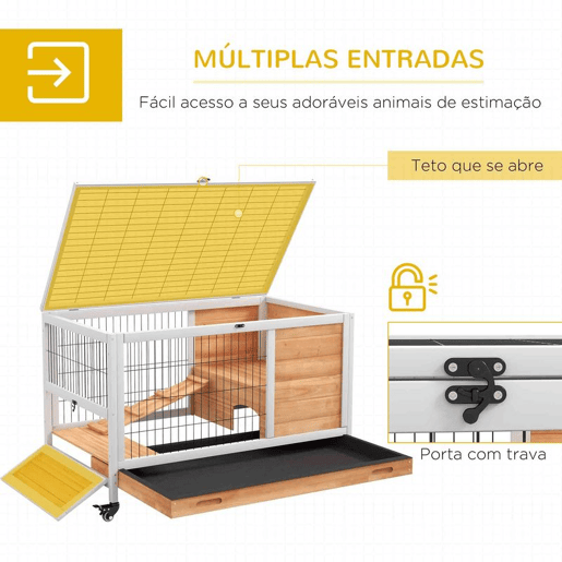 PawHut Coelheira de Madeira Gaiola de para Pequenos Animais Portátil com Teto Abatível Rampa Bandeja Removível para Coelhos da Índia 90x53x59 cm Madeira