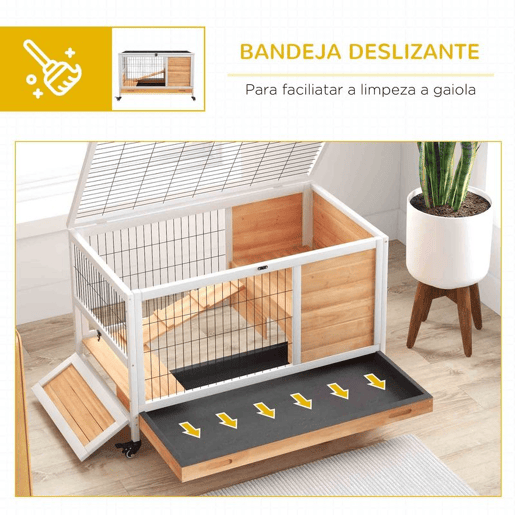 PawHut Coelheira de Madeira Gaiola de para Pequenos Animais Portátil com Teto Abatível Rampa Bandeja Removível para Coelhos da Índia 90x53x59 cm Madeira
