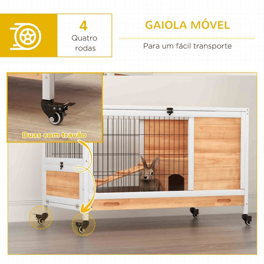 PawHut Coelheira de Madeira Gaiola de para Pequenos Animais Portátil com Teto Abatível Rampa Bandeja Removível para Coelhos da Índia 90x53x59 cm Madeira