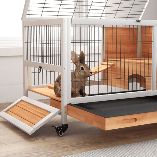 PawHut Coelheira de Madeira Gaiola de para Pequenos Animais Portátil com Teto Abatível Rampa Bandeja Removível para Coelhos da Índia 90x53x59 cm Madeira