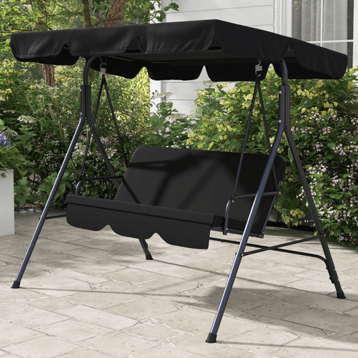 Outsunny Baloiço de Jardim de 3 Lugares com Almofada Toldo Ajustável e Estrutura de Aço para Balcão Terraço Patio Carga Máx. 200 kg 172x110x153 cm Preto
