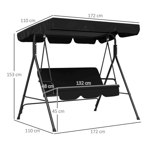 Outsunny Baloiço de Jardim de 3 Lugares com Almofada Toldo Ajustável e Estrutura de Aço para Balcão Terraço Patio Carga Máx. 200 kg 172x110x153 cm Preto