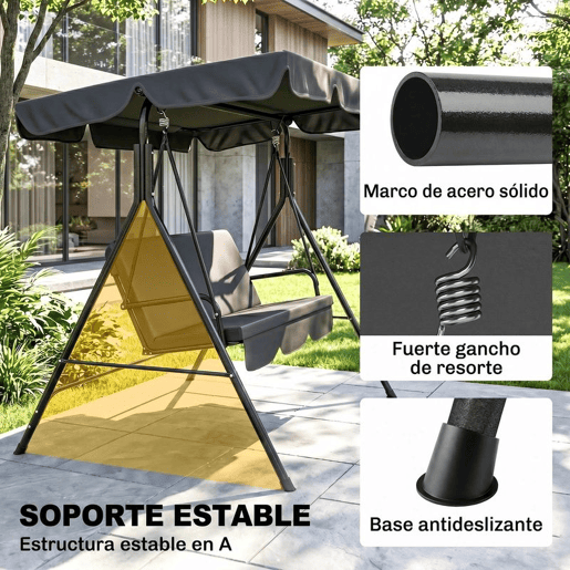 Outsunny Baloiço de Jardim de 3 Lugares com Almofada Toldo Ajustável e Estrutura de Aço para Balcão Terraço Patio Carga Máx. 200 kg 172x110x153 cm Preto