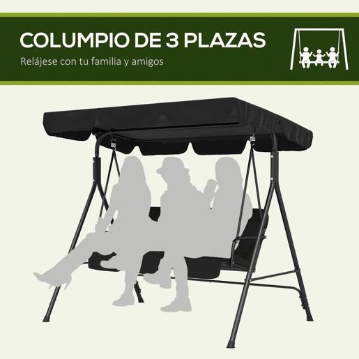 Outsunny Baloiço de Jardim de 3 Lugares com Almofada Toldo Ajustável e Estrutura de Aço para Balcão Terraço Patio Carga Máx. 200 kg 172x110x153 cm Preto