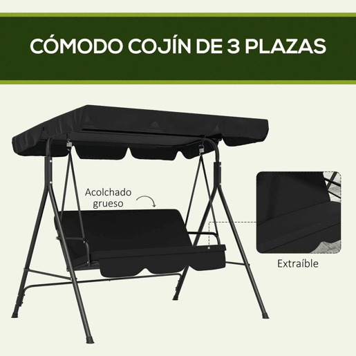 Outsunny Baloiço de Jardim de 3 Lugares com Almofada Toldo Ajustável e Estrutura de Aço para Balcão Terraço Patio Carga Máx. 200 kg 172x110x153 cm Preto