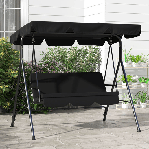 Outsunny Baloiço de Jardim de 3 Lugares com Almofada Toldo Ajustável e Estrutura de Aço para Balcão Terraço Patio Carga Máx. 200 kg 172x110x153 cm Preto