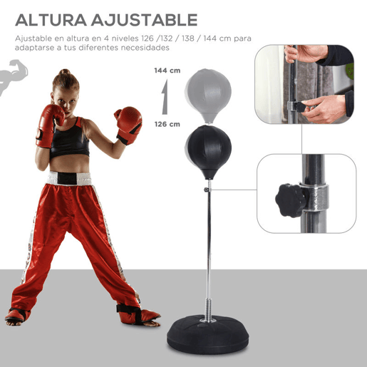 HOMCOM Saco de Boxe de Pé Punching Ball com Altura Ajustável em 4 Níveis 126-144 cm Base Preenchível e Luvas de Boxe para Adultos e Adolescentes Preto