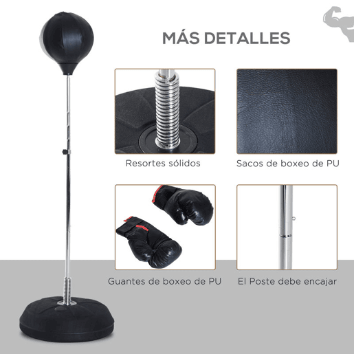 HOMCOM Saco de Boxe de Pé Punching Ball com Altura Ajustável em 4 Níveis 126-144 cm Base Preenchível e Luvas de Boxe para Adultos e Adolescentes Preto
