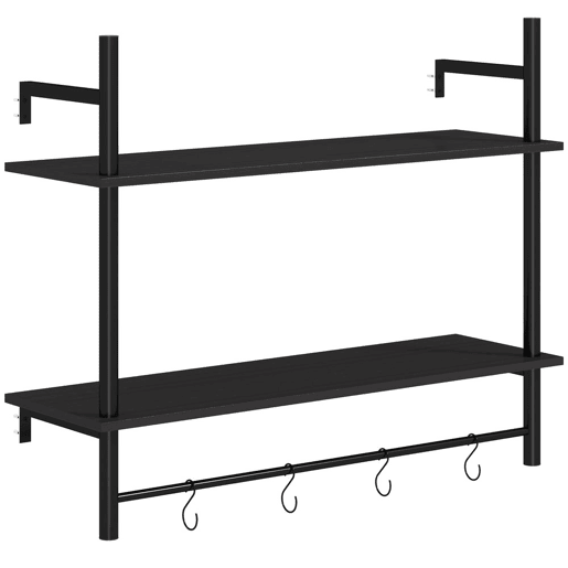 HOMCOM Estante de Parede de 2 Níveis Estante Suspensa Prateleiras de Parede com 4 Ganchos 2 Prateleiras e Estrutura de Metal para Entrada Cozinha Sala de Estar 80x24x65 cm Preto