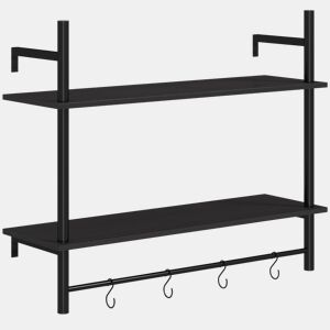 HOMCOM Estante de Parede de 2 Níveis Estante Suspensa Prateleiras de Parede com 4 Ganchos 2 Prateleiras e Estrutura de Metal para Entrada Cozinha Sala de Estar 80x24x65 cm Preto