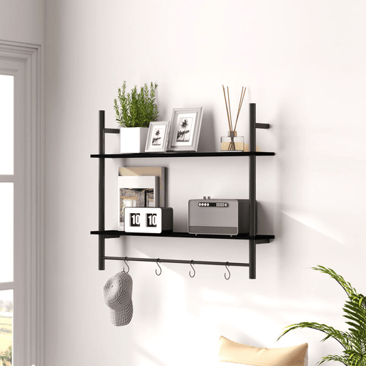 HOMCOM Estante de Parede de 2 Níveis Estante Suspensa Prateleiras de Parede com 4 Ganchos 2 Prateleiras e Estrutura de Metal para Entrada Cozinha Sala de Estar 80x24x65 cm Preto