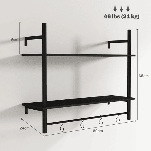 HOMCOM Estante de Parede de 2 Níveis Estante Suspensa Prateleiras de Parede com 4 Ganchos 2 Prateleiras e Estrutura de Metal para Entrada Cozinha Sala de Estar 80x24x65 cm Preto
