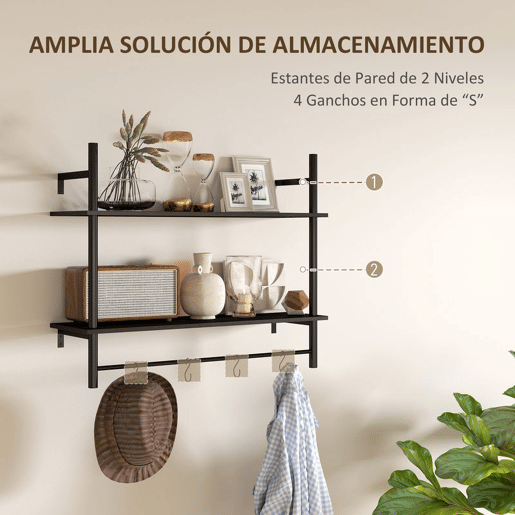 HOMCOM Estante de Parede de 2 Níveis Estante Suspensa Prateleiras de Parede com 4 Ganchos 2 Prateleiras e Estrutura de Metal para Entrada Cozinha Sala de Estar 80x24x65 cm Preto