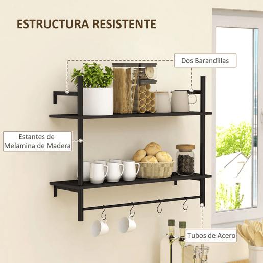 HOMCOM Estante de Parede de 2 Níveis Estante Suspensa Prateleiras de Parede com 4 Ganchos 2 Prateleiras e Estrutura de Metal para Entrada Cozinha Sala de Estar 80x24x65 cm Preto
