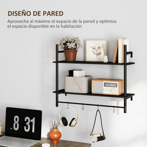HOMCOM Estante de Parede de 2 Níveis Estante Suspensa Prateleiras de Parede com 4 Ganchos 2 Prateleiras e Estrutura de Metal para Entrada Cozinha Sala de Estar 80x24x65 cm Preto