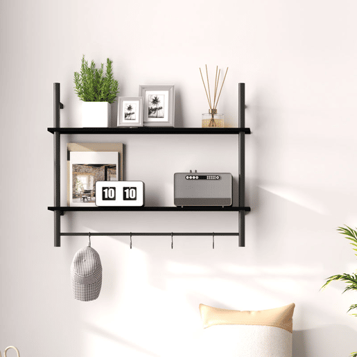 HOMCOM Estante de Parede de 2 Níveis Estante Suspensa Prateleiras de Parede com 4 Ganchos 2 Prateleiras e Estrutura de Metal para Entrada Cozinha Sala de Estar 80x24x65 cm Preto