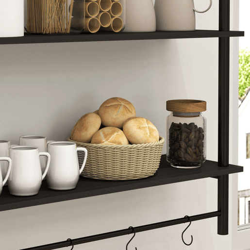 HOMCOM Estante de Parede de 2 Níveis Estante Suspensa Prateleiras de Parede com 4 Ganchos 2 Prateleiras e Estrutura de Metal para Entrada Cozinha Sala de Estar 80x24x65 cm Preto