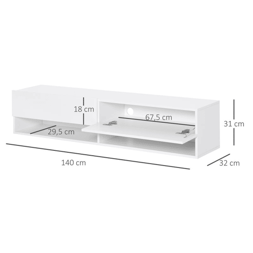 HOMCOM Móvel de TV de Parede Móvel de TV para Sala de Estar com 2 Compartimentos e 2 Armários com Portas Móvel para Televisores de 60 Polegadas 140x32x31 cm Branco