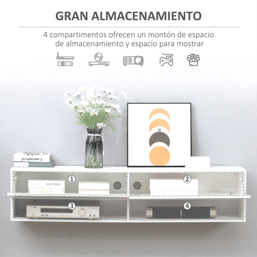 HOMCOM Móvel de TV de Parede Móvel de TV para Sala de Estar com 2 Compartimentos e 2 Armários com Portas Móvel para Televisores de 60 Polegadas 140x32x31 cm Branco