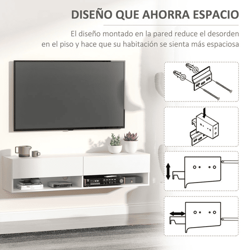 HOMCOM Móvel de TV de Parede Móvel de TV para Sala de Estar com 2 Compartimentos e 2 Armários com Portas Móvel para Televisores de 60 Polegadas 140x32x31 cm Branco