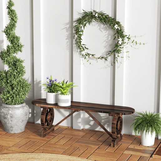 Outsunny Banco de Jardim de 2 Lugares Banco de Madeira com 2 Rodas Decorativas Estilo Rústico Carga 200 kg para Pátio Varanda 120x29x39 cm Madeira