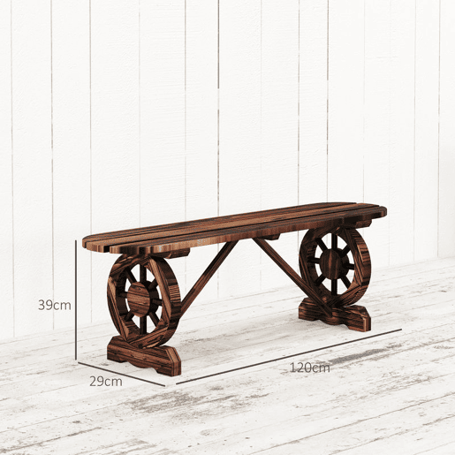 Outsunny Banco de Jardim de 2 Lugares Banco de Madeira com 2 Rodas Decorativas Estilo Rústico Carga 200 kg para Pátio Varanda 120x29x39 cm Madeira
