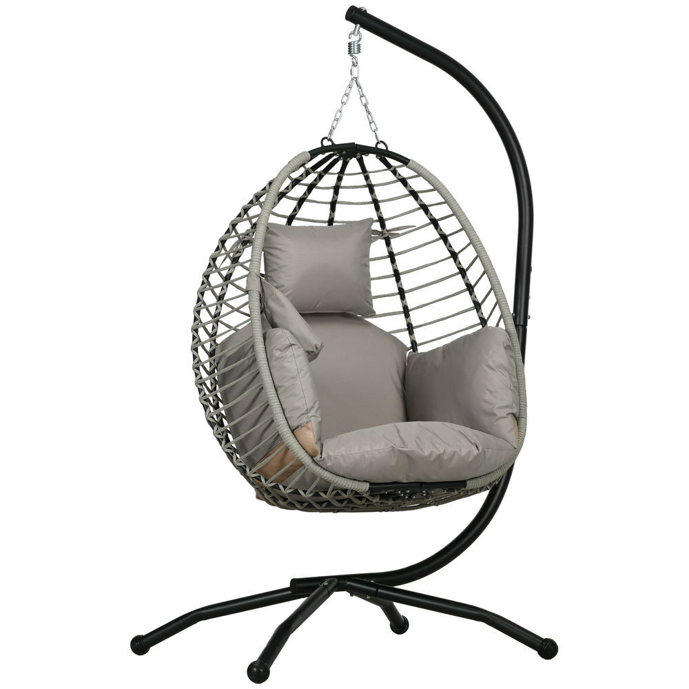 Outsunny silla colgante huevo con soporte columpio de jardín exterior con cesta plegable reposacabezas cojín bolsillo lateral columpio colgante para interior y exterior carga 120 kg gris