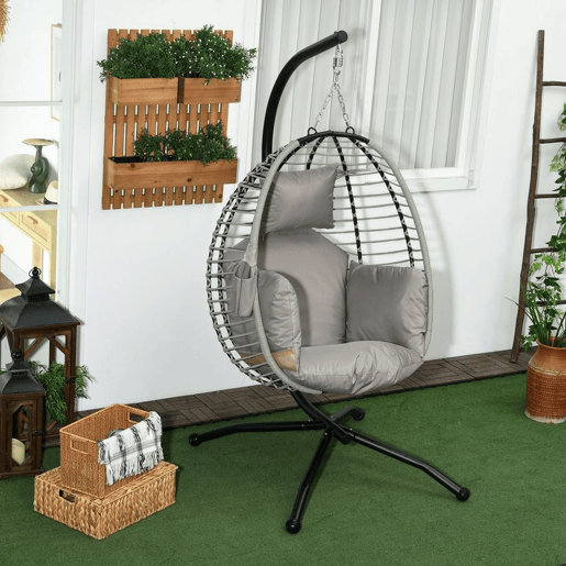 Outsunny Cadeira Supensa com Suporte Cadeirão Suspenso de Jardim com Cesta Dobrável Almofada e Apoio para a Cabeça Cadeira Suspensa para Interior e Exterior Carga 120 kg 110x100x188 cm Cinza e Preto