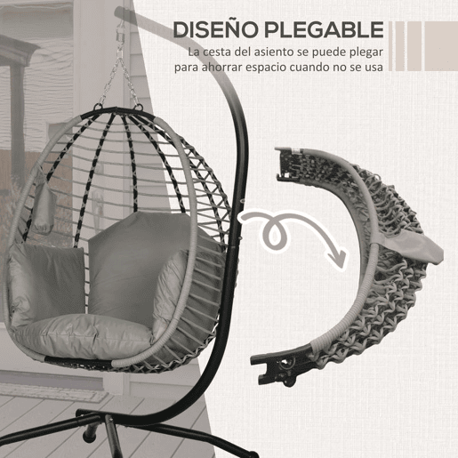 Outsunny Cadeira Supensa com Suporte Cadeirão Suspenso de Jardim com Cesta Dobrável Almofada e Apoio para a Cabeça Cadeira Suspensa para Interior e Exterior Carga 120 kg 110x100x188 cm Cinza e Preto