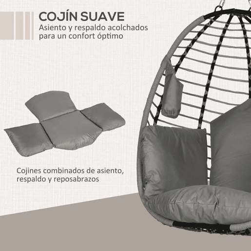 Outsunny Cadeira Supensa com Suporte Cadeirão Suspenso de Jardim com Cesta Dobrável Almofada e Apoio para a Cabeça Cadeira Suspensa para Interior e Exterior Carga 120 kg 110x100x188 cm Cinza e Preto