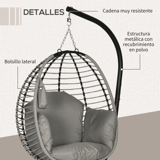 Outsunny Cadeira Supensa com Suporte Cadeirão Suspenso de Jardim com Cesta Dobrável Almofada e Apoio para a Cabeça Cadeira Suspensa para Interior e Exterior Carga 120 kg 110x100x188 cm Cinza e Preto