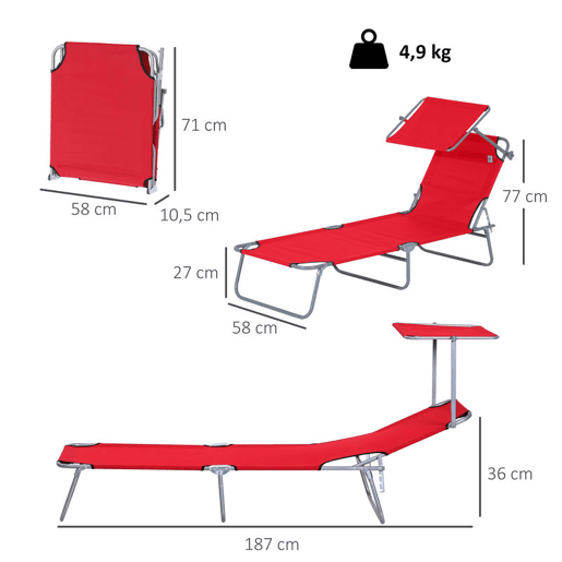 Outsunny Espreguiçadeira de Jardim Dobrável com Toldo Removível e Ajustável em Ângulo e Encosto Ajustável em 4 Posições para Jardim Terraço Campismo Exterior 187x58x36 cm Vermelho