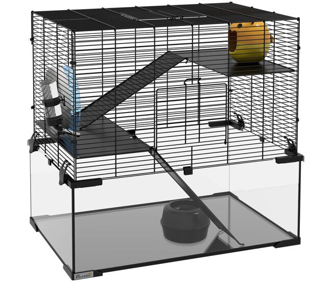 Pawhut jaula para hámster casa para animales pequeños con fondo de vidrio plataformas cuenco bebedero casita rampas y rueda de ejercicio 60x40x54,5 cm