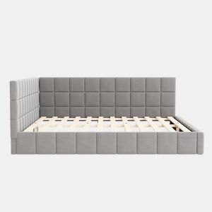 Cama de adulto 160x200cm em veludo com estrado de ripas e estrado de ripas - Cinzento