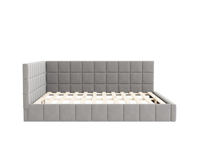 Cama para adultos 160x200cm en terciopelo con reja y somier de láminas - gris