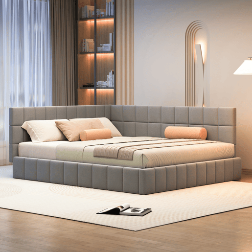 Cama de adulto 160x200cm em veludo com estrado de ripas e estrado de ripas - Cinzento