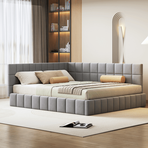 Cama de adulto 160x200cm em veludo com estrado de ripas e estrado de ripas - Cinzento