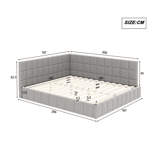 Cama de adulto 160x200cm em veludo com estrado de ripas e estrado de ripas - Cinzento