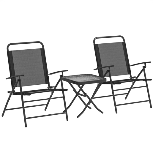 Outsunny Conjunto de Mesa e Cadeiras de 3 Peças Móveis de Jardim Dobráveis com Encosto Ajustável Bancada de Vidro e Estrutura de Aço Preto