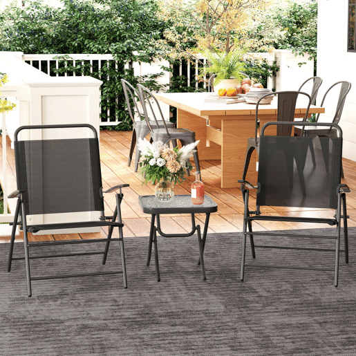 Outsunny Conjunto de Mesa e Cadeiras de 3 Peças Móveis de Jardim Dobráveis com Encosto Ajustável Bancada de Vidro e Estrutura de Aço Preto