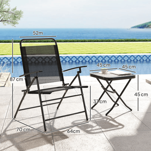 Outsunny Conjunto de Mesa e Cadeiras de 3 Peças Móveis de Jardim Dobráveis com Encosto Ajustável Bancada de Vidro e Estrutura de Aço Preto