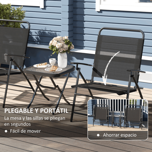 Outsunny Conjunto de Mesa e Cadeiras de 3 Peças Móveis de Jardim Dobráveis com Encosto Ajustável Bancada de Vidro e Estrutura de Aço Preto