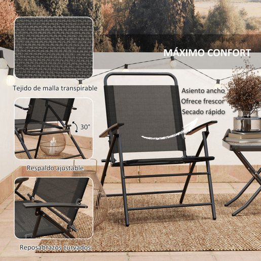 Outsunny Conjunto de Mesa e Cadeiras de 3 Peças Móveis de Jardim Dobráveis com Encosto Ajustável Bancada de Vidro e Estrutura de Aço Preto